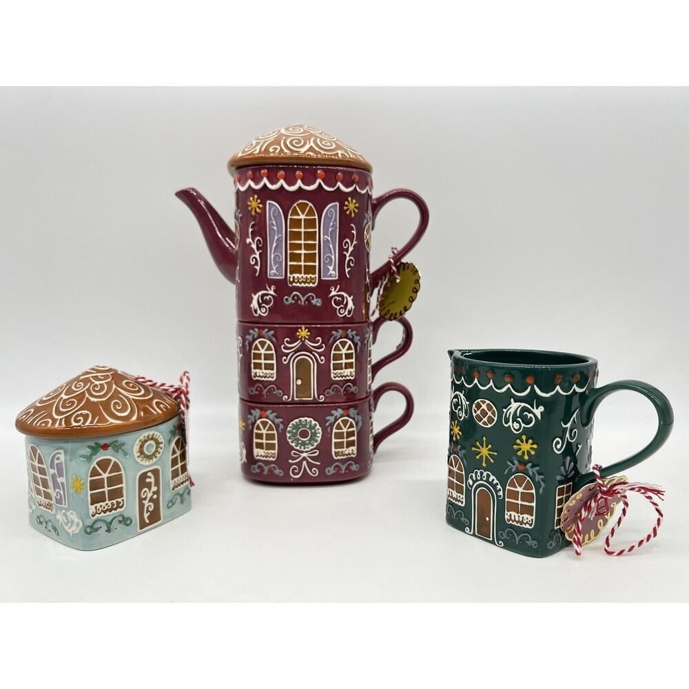 Anthropologie Ginger Ceramic Stoneware Teapot , Creamer and Sugar Bowl Set